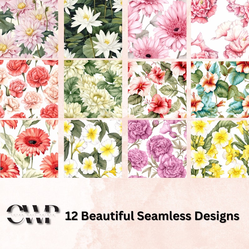 12 Vintage Floral Seamless Patterns, Watercolor Flower Digital Paper ...