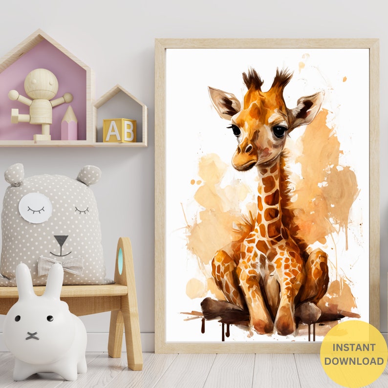 Baby Giraffe Printable Painting, Nursery Wall Art Decor, Baby Animal