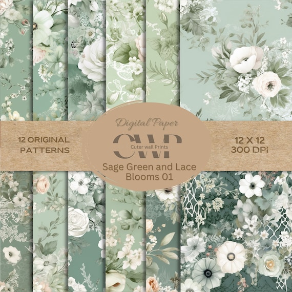 Sage Green Floral Digital Paper | Seamless Scrapbook Patterns (Digital Download)