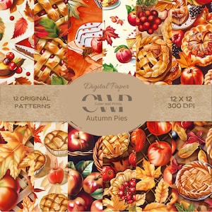 OUTONO, TORTAS| 12 impressões sem costura, papel digital de alimentos, padrão de repetição de outono, tortas, maçãs, fundo, papel digital floral, álbum de recortes