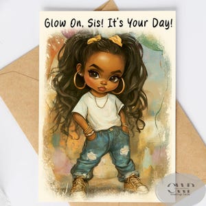 Cartão de aniversário afro-americano atrevido | Cartão engraçado de menina negra | Presente de aniversário da rainha | Cartão de felicitações afrocêntrico divertido | Design de aquarela 5 x 7