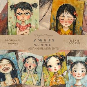 Chicas asiáticas caprichosas, diario basura, peculiar, arte fantástico, libro de cuentos, papel digital, páginas imprimibles, impresión en técnica mixta, arte de fantasía.