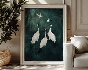 Crane Wall Art | Japandi Decor, Dark Green Bird Print (Digital Download)