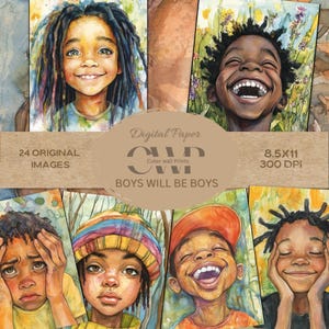 WHIMSICAL Black Boys / Diario basura, peculiar, arte fantástico, historia, papel digital, páginas imprimibles, impresión en técnica mixta, arte de fantasía, 8,5 x 11