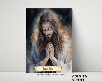 Stampa artistica ad acquerello di Gesù che prega / Decorazione murale religiosa