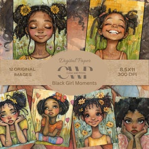 WHIMSICAL Black Girls |Junk Journal, quirky, Whimsy Art, Story, Digital Paper, Printable Pages, Mixed Media Print, Fantasy Art, 8.5 x 11