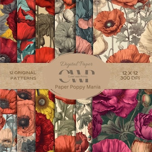 MOHNBLUMEN | 12 nahtlose Drucke, Blumen digitales Papier, Blumen wiederholendes Muster, Blumen Hintergrund, Blumen digitales Papier, Scrapbook