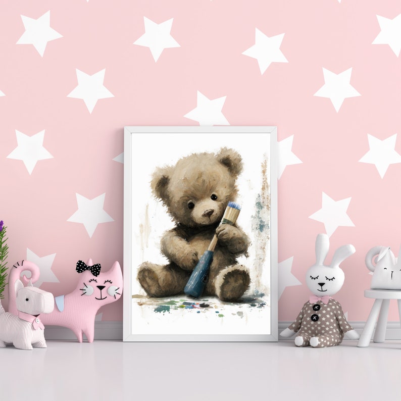 Teddy Bear With Paint Printable, Nursery Wall Art Decor, Baby Animal