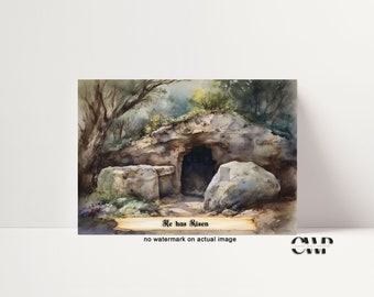 Empty Tomb Watercolor Print | He Has Risen, Christian Wall Art