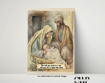 Mary and Joseph, Baby Jesus, Vintage Watercolor Print