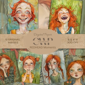 WHIMSICAL Red Heads |Junk Journal, quirky, Whimsy Art, Story Book, Digital Paper, Printable Pages, Mixed Media Print, Fantasy Art, 8.5 x 11