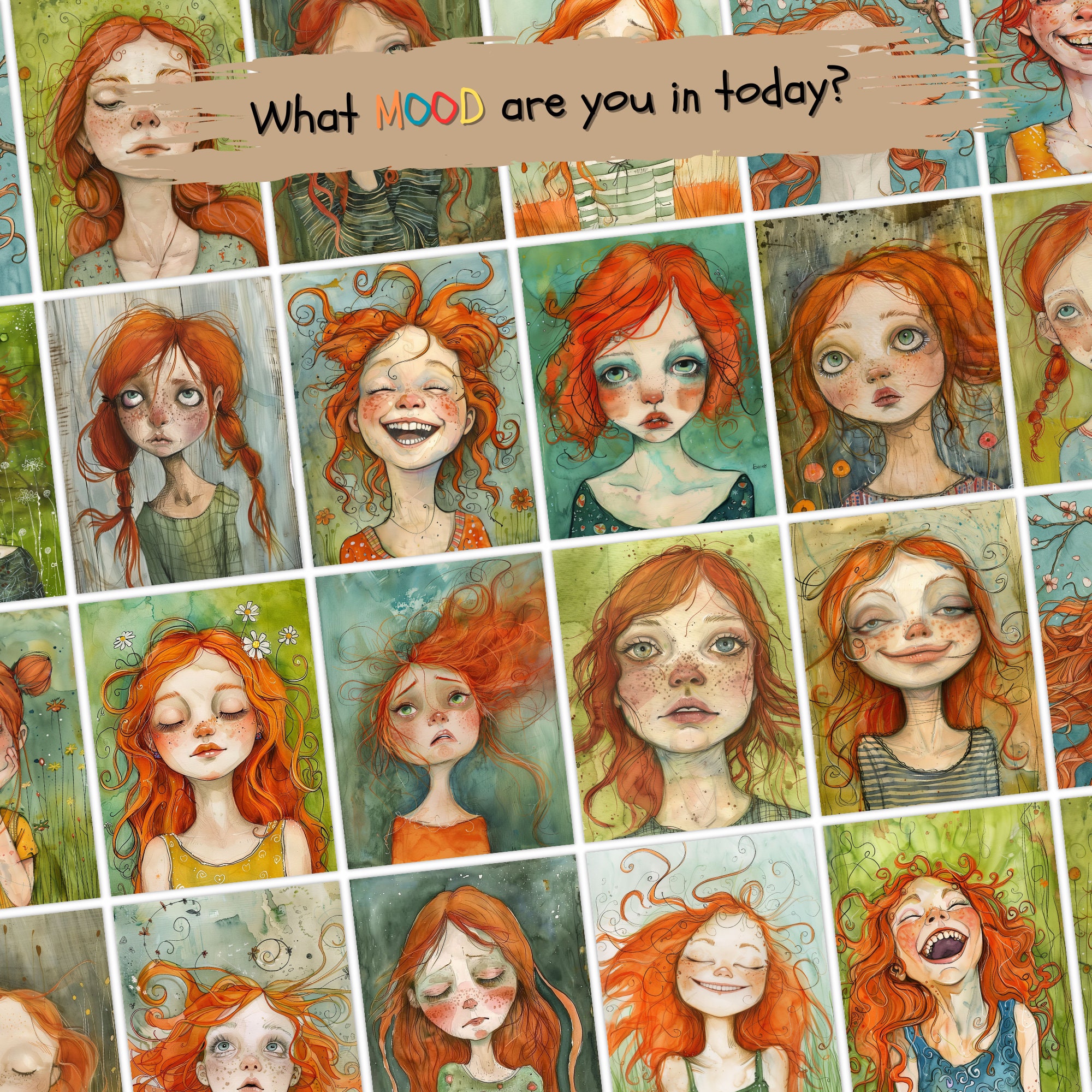 Whimsical Redhead Girl Digital Paper | Moods, Art (8.5x11) (digital ...