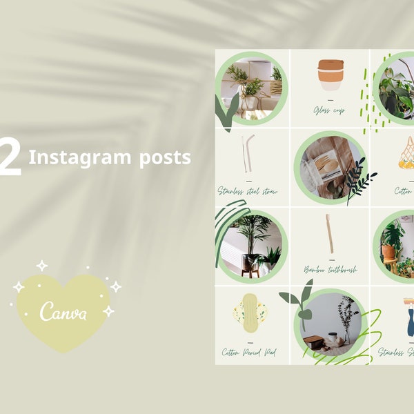 Green Eco-friendly, Zero-waste seamless Instagram Puzzle Template 9 posts. Canva friendly. Aesthetic, boho, lifestyle zero-waste