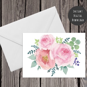 Cartão de felicitações para impressão em aquarela floral feliz Download digital Imprimir em casa Buquê de flores Dia das Mães Cartão de aniversário Rosa Peônia Rosa