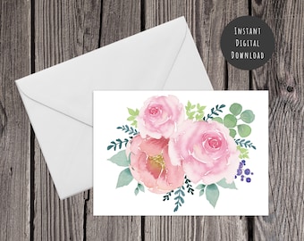 Floral Watercolor Greeting Card, Roses and Peonies (Digital Download)