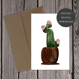 Carte de vœux à l’aquarelle de cactus floral imprimable, impression numérique, carte vierge, carte de note, étiquette cadeau, carte d’impression d’art, succulente, impression à domicile