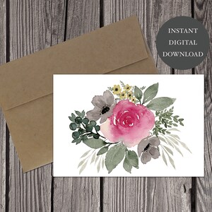 Watercolor Floral Rose Printable Digital Download Greeting Card