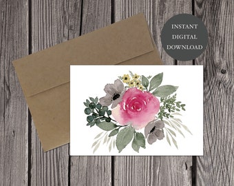 Watercolor Floral Rose Printable Digital Download Greeting Card