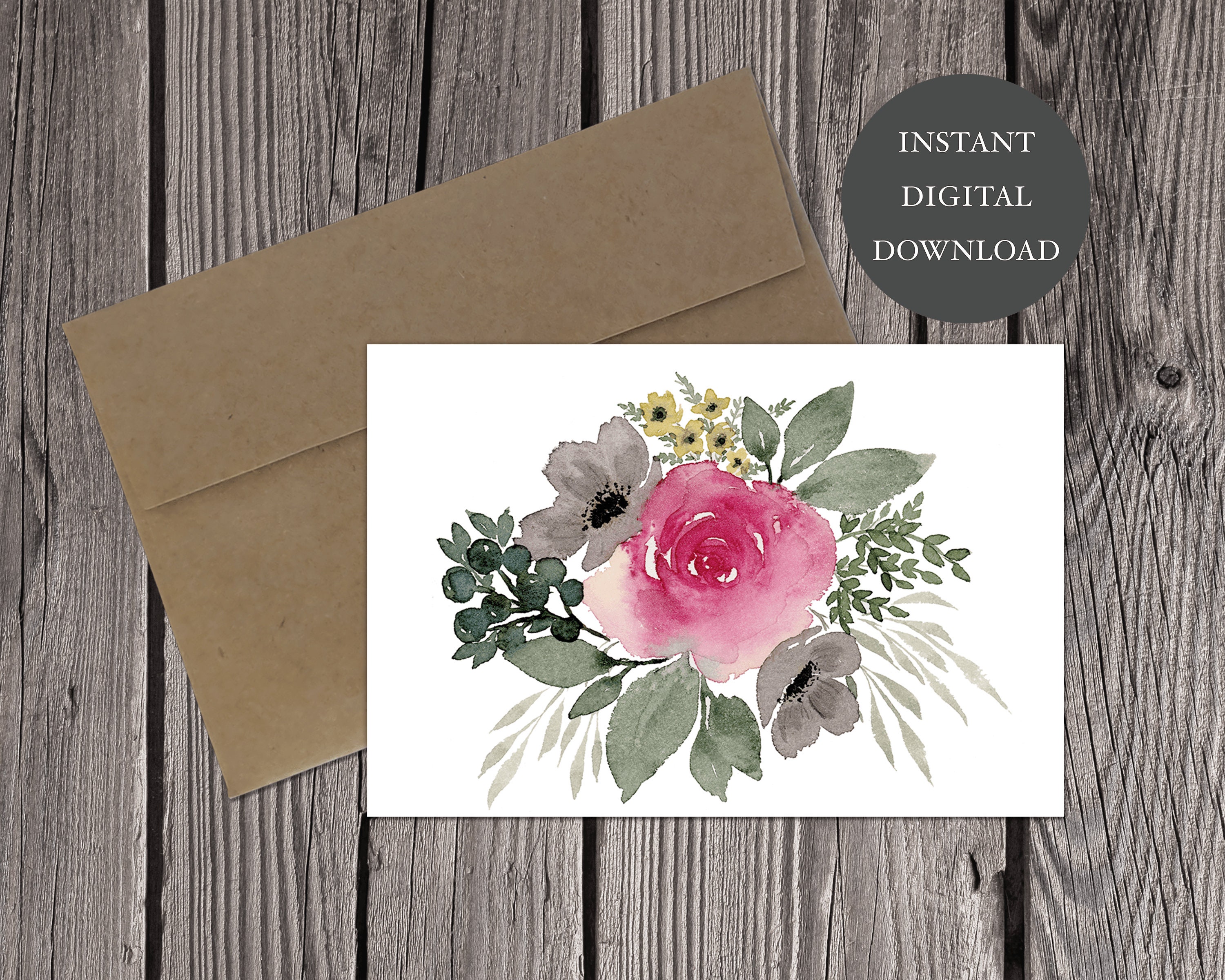 Watercolor Floral Rose Printable Digital Download Greeting - Etsy