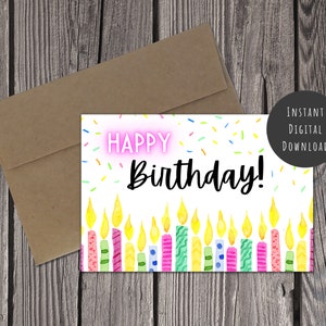 Printable Happy Birthday Card Watercolor Candles Top Gift Tag Best Friend Teen Kid Child Party Rainbow Sprinkles Fun Digital Download Print