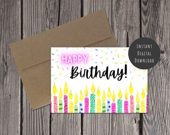 Printable Happy Birthday Card Watercolor Candles Top Gift Tag Best Friend Teen Kid Child Party Rainbow Sprinkles Fun Digital Download Print