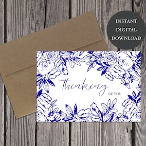 Druckbare Grußkarte Blau Blumen Denken an Sie Aquarell handgemacht digital Download Print at Home Blank inside 16x60