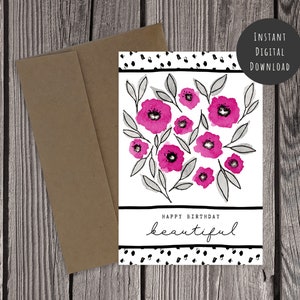 Happy Birthday Karte Zum Ausdrucken Aquarell Pink Schwarz Modern Floral Print Polka Dot Top Geschenk digital Download Freund Schwester Teen
