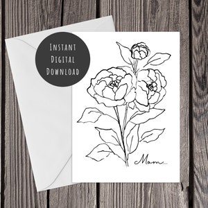 Biglietto da colorare con peonia stampabile, regalo di compleanno per la festa della mamma (download digitale)