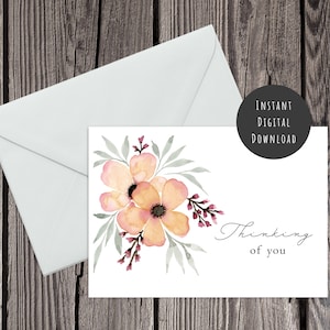 Pensando a te acquerello floreale stampabile biglietto di auguri vuoto all&#39;interno piegato digitale download fiori dipinti a mano amico simpatia biglietto da visita