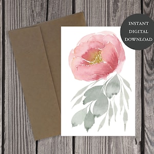 Cartão de felicitações em aquarela de rosa peônia para impressão em branco dentro download digital impressão simpatia aniversário dia das mães amigo pintado floral