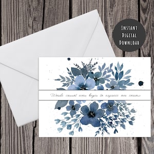 Ausdruckbare Sympathie Blaue Blumen Aquarell Karte Instant Digital Download