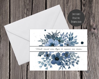 Printable Sympathy Blue Floral Watercolor Card Instant Digital Download