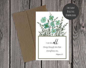 Printable Philippians 4:13 Watercolor Greeting Card Wildflower Top Folded Bible Verse Encouragement Christian Catholic Faith Hope Blank
