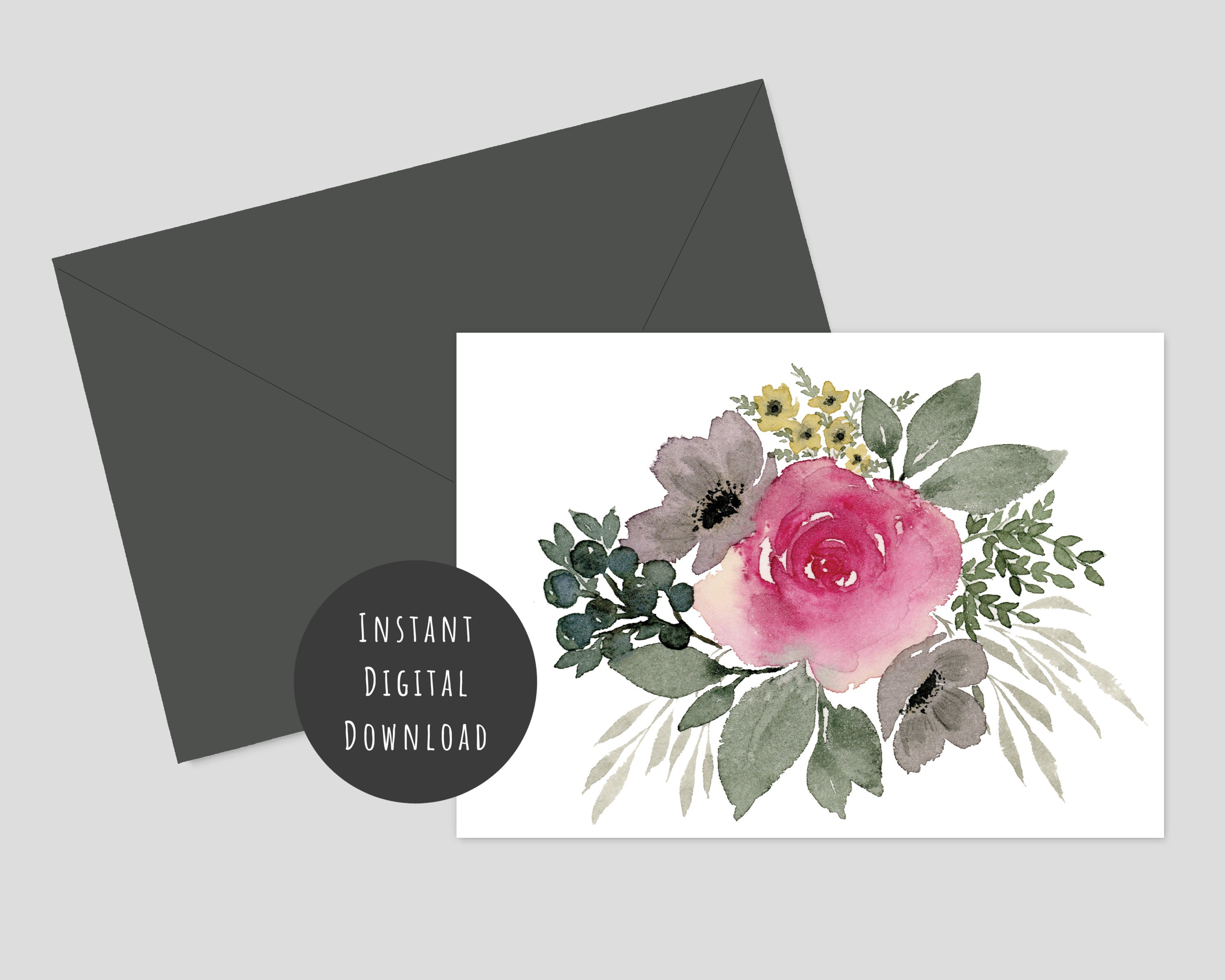Watercolor Floral Rose Printable Digital Download Greeting - Etsy