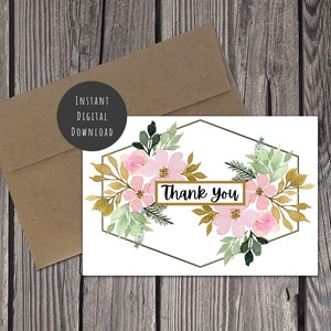 Imprimable Merci vintage Floral Aquarelle Carte de vœux Téléchargement numérique Fleurs Moderne Contemporain Imprimer Vierge Intérieur Peint à la Main