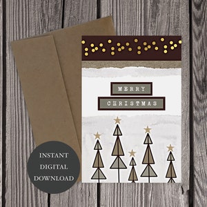 Tarjeta de Navidad imprimible Fácil de imprimir Cortar y doblar Mejor regalo de Navidad superior Felices árboles de Navidad Kraft Gold Holiday Letter Note Cards T
