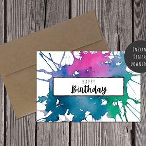 Druckbare Happy Birthday Karte Aquarell Tie Dye Blank inside Digital Download Junge Mädchen Teenager Neon Farbe Splatter Print at Home