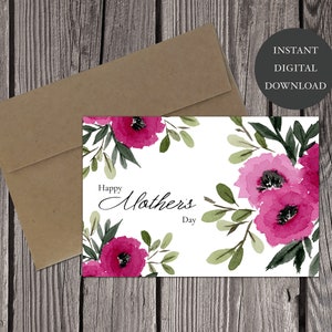 Carte de vœux imprimable pour la fête des mères Aquarelle Magenta Abstrait Floral Maman Mères Soeur Amie Grand-mère Belle-mère Imprimer à la maison
