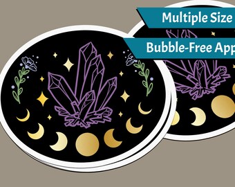 Spiritual Sticker - Crystals and Moon Phases - Wiccan Sticker, Pagan Sticker, Moon Sticker, Crystal Sticker, Black and Gold Sticker, Witch