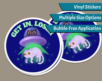 Alien Sticker - 2x2in or 3x3in - UFO sticker, Cat Abduction, Laptop Sticker, Water Bottle Sticker, Alien Laptop Stickers, Cat Sticker