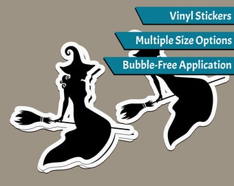 Pegatina de Halloween - Flying Witch - Witch Sticker, Trick or Treat Sticker, All Hallow's Eve Sticker, Witch Broom, Laptop Sticker, Silhouette