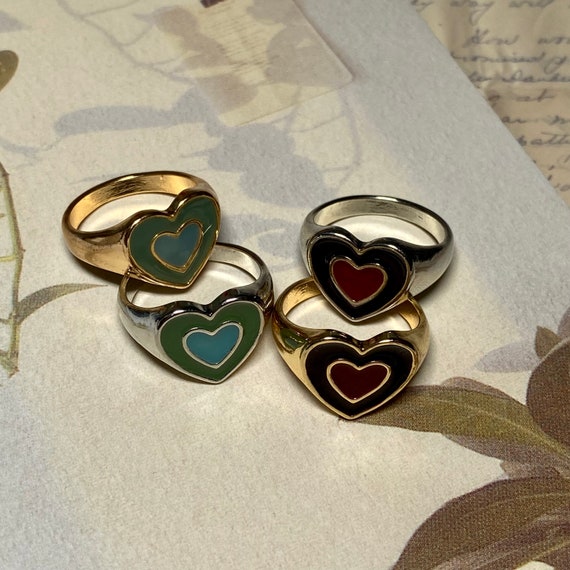Heart Ring Double Heart Ring Brown Green Aesthetic Y2k Sage