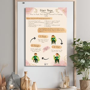May include: A pink and beige illustrated poster with the title "Chair Yoga" and instructions on how to "Push, Pull, Dangle Yourself to Feeling Calm". The poster shows three steps with illustrations of a person sitting on a chair and performing each step.
