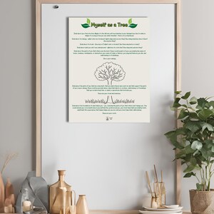 May include: A framed print titled "Myself as a Tree" with green leaf accents. The print features text and a line drawing of a tree. The artwork is displayed on a white wall, with a potted plant and decorative items in the foreground.