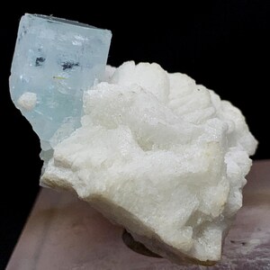 May include: A light blue aquamarine crystal with a rectangular shape, set against a backdrop of white, textured quartz. The mineral specimen is displayed on a neutral surface, showcasing its natural beauty.