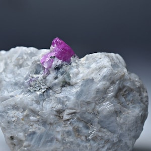 以下が含まれることがあります： 上部から突き出た鮮やかなフクシア色の結晶クラスターを持つ、ざらざらした薄い灰色の岩石形成のクローズアップ。岩はテクスチャ加工された表面を持ち、結晶は結晶構造を持っています。