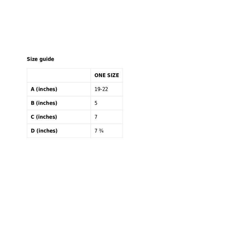 May include: A white background with a size guide for a hat. The guide includes measurements in inches: A (19-22), B (5), C (7), and D (7 3/4). The text "ONE SIZE" is also present.