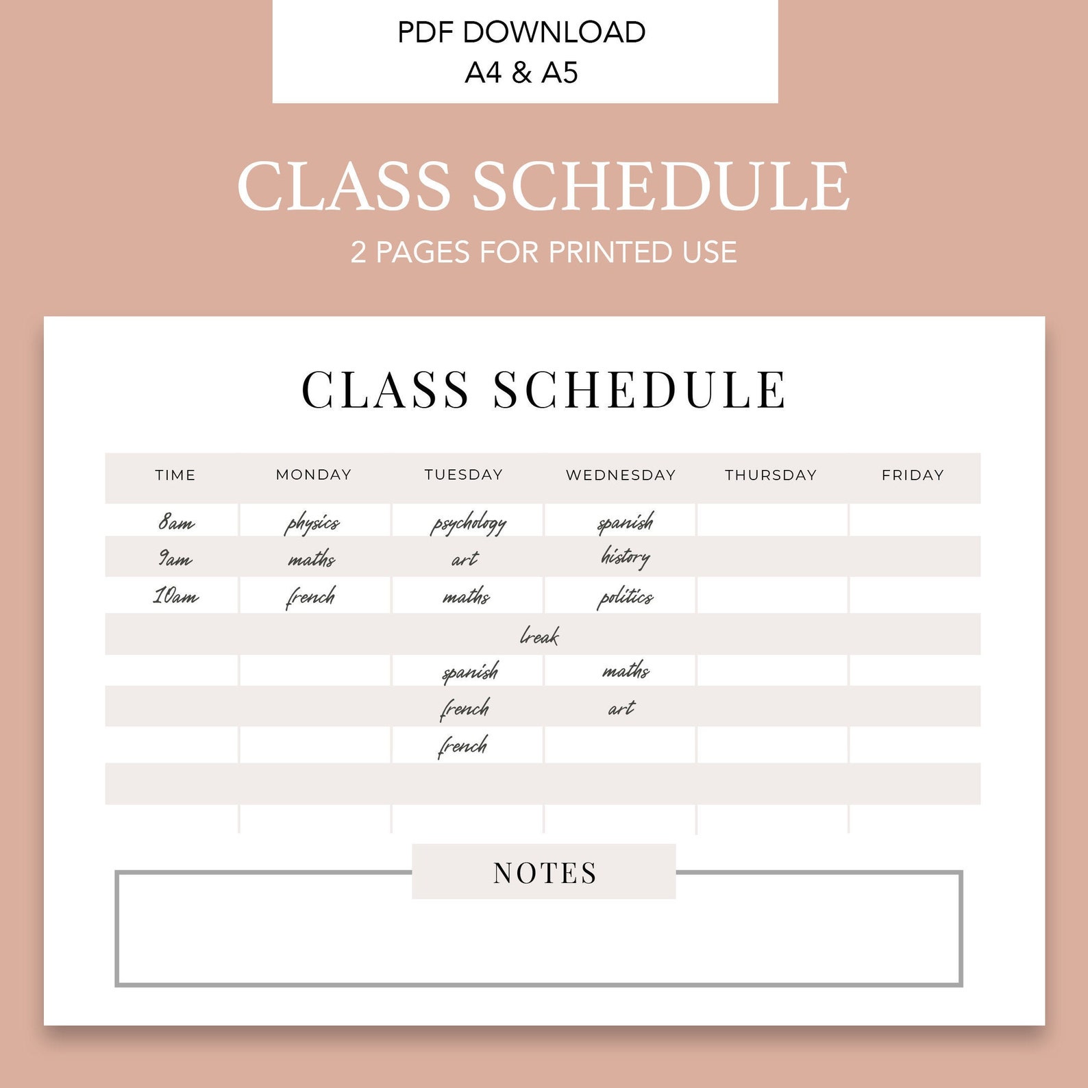 Class Schedule Printable Schedule School Timetable School Etsy