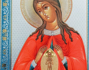 Printed orthodox icon of the Mother of God, Help in childbearing, with the child Jesus Christ in her Womb