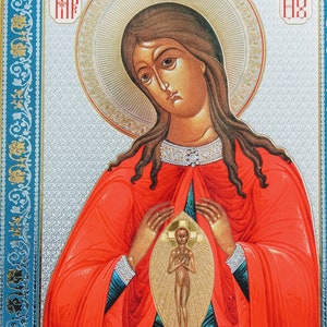Icono ortodoxo impreso de la Madre de Dios, Ayuda en la maternidad, con el niño Jesucristo en su vientre